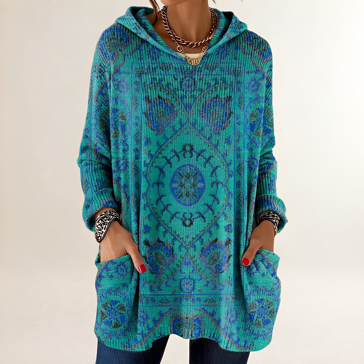 Damen Hoodie Tunic-Langarm Relaxed Fit mit Taschen Retro Ethno-Print