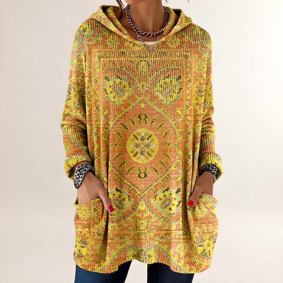 Damen Hoodie Tunic-Langarm Relaxed Fit mit Taschen Retro Ethno-Print