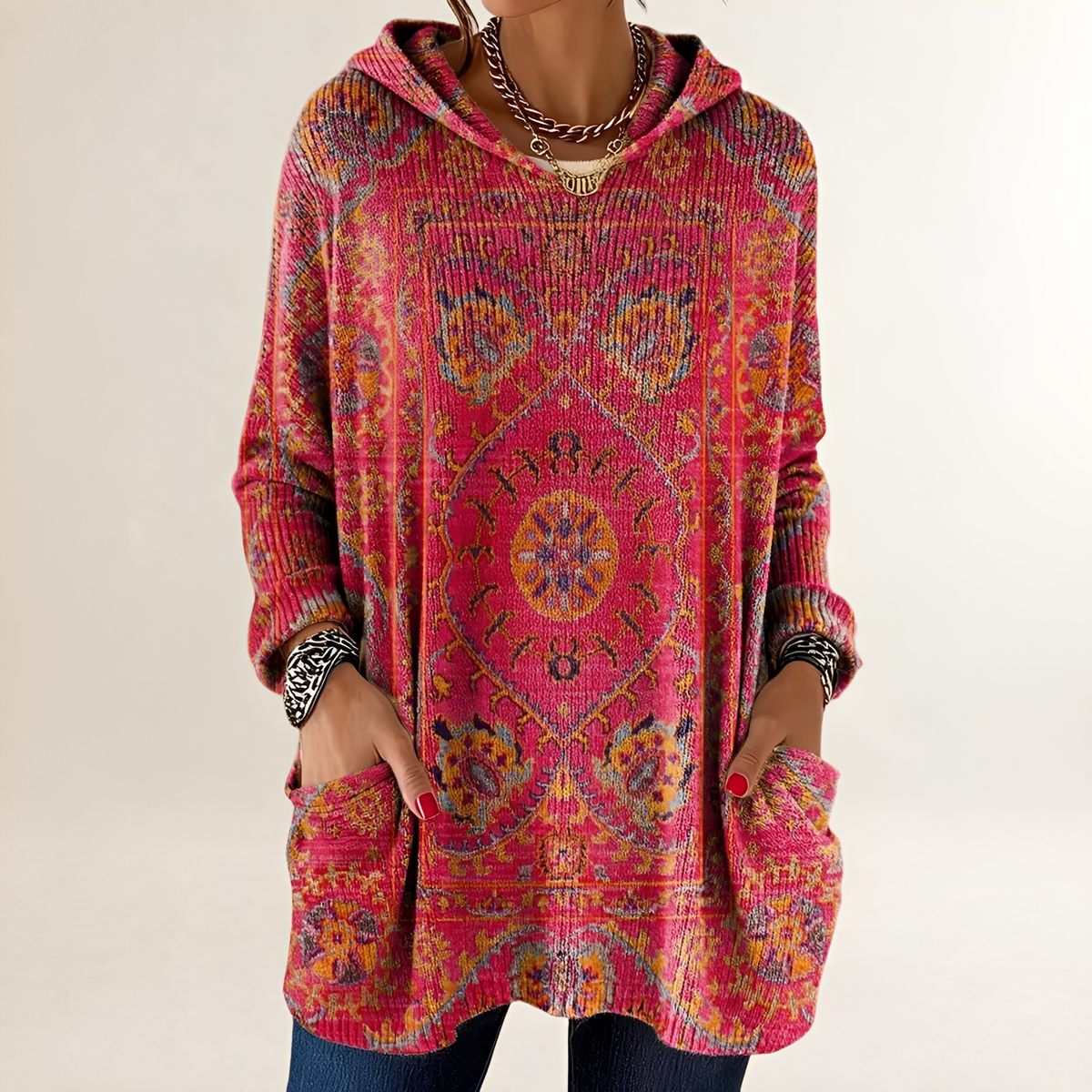 Damen Hoodie Tunic-Langarm Relaxed Fit mit Taschen Retro Ethno-Print