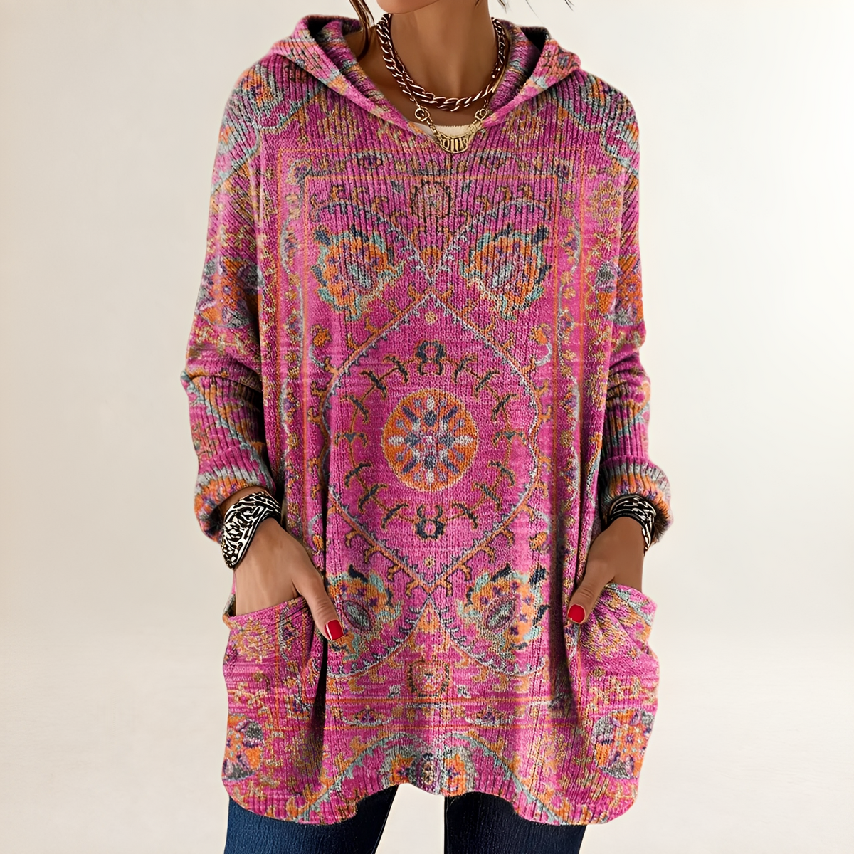 Damen Hoodie Tunic-Langarm Relaxed Fit mit Taschen Retro Ethno-Print