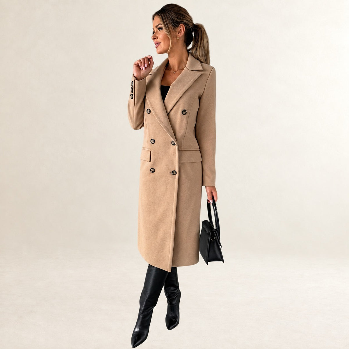 Damen Jacke - Doppelreiher: Mid-Longuhr Blazer-Ärmel mit Knöpfen, Revers und Patentaschen