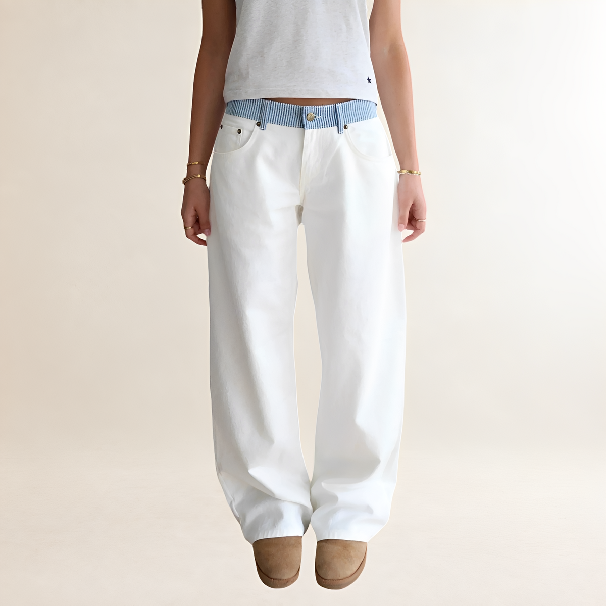 Damen Jeans Weit geschnitten mit Kontrastbund und hoher Taille