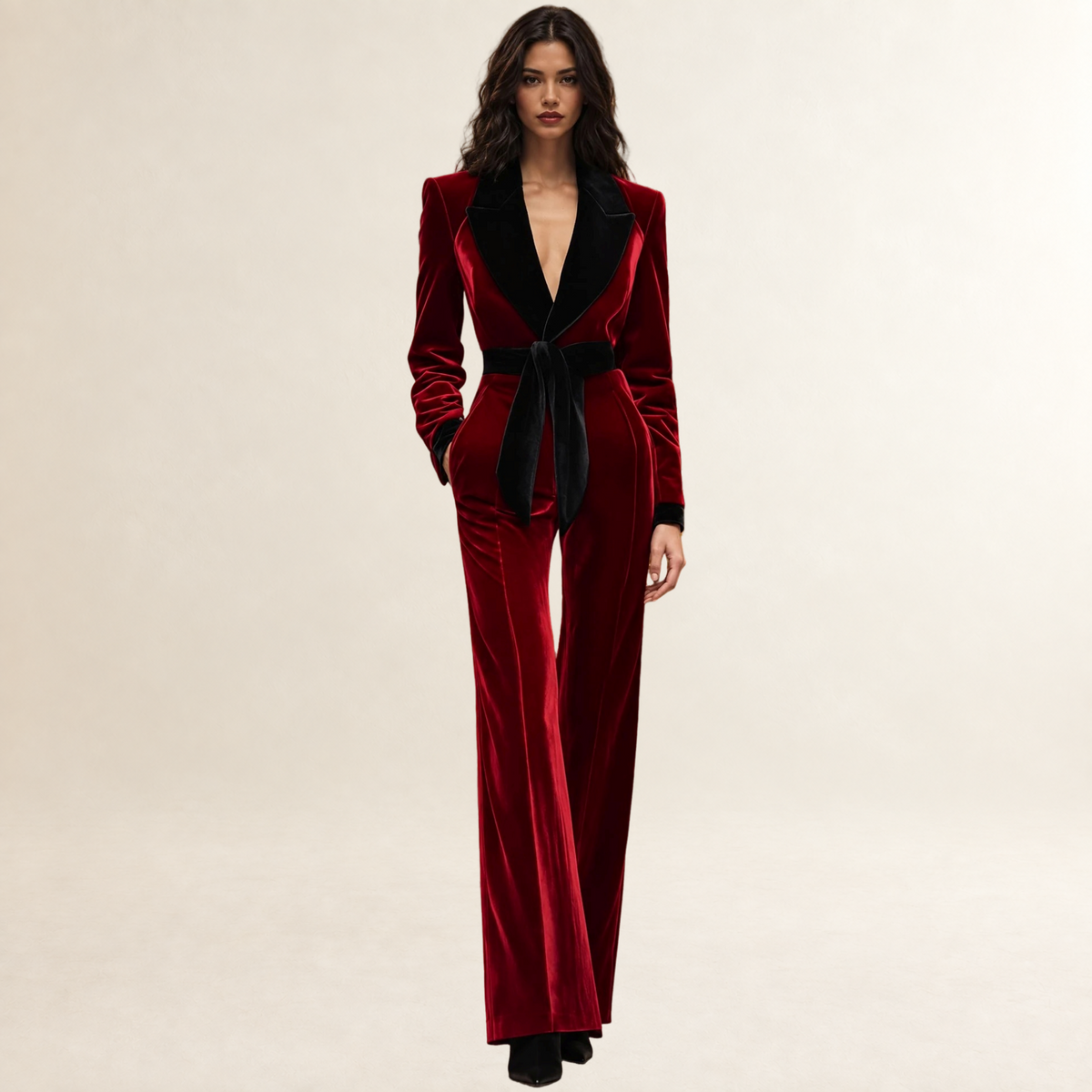 Damen Jumpsuit Reverskragen Gürtel-Design Weite Beine Schnitt