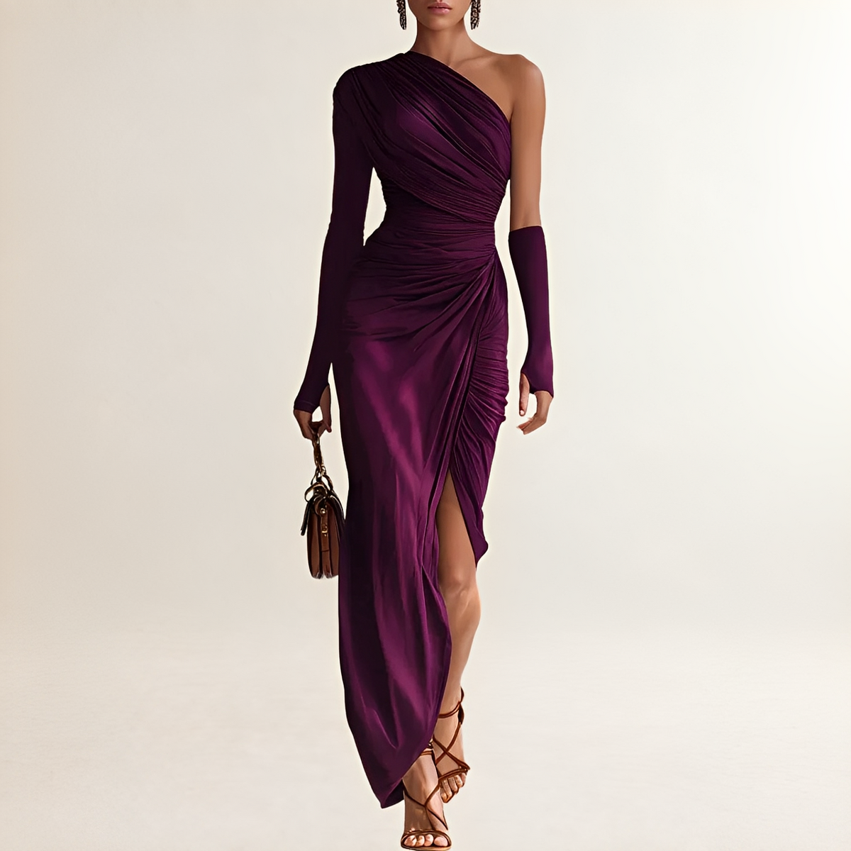 Damen Kleid Ein Schulter Maxi Kleid mit Drapierter Taille und seitlichem Schlitz