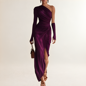 Damen Kleid Ein Schulter Maxi Kleid mit Drapierter Taille und seitlichem Schlitz