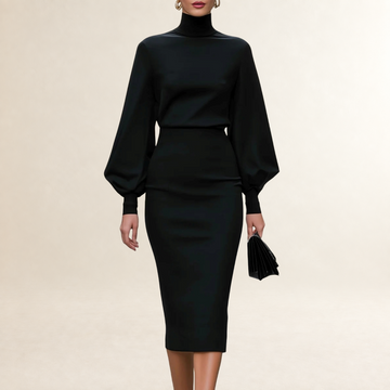 Damen Kleid Langarm Etuikleid mit hohem Kragen und Puffärmeln