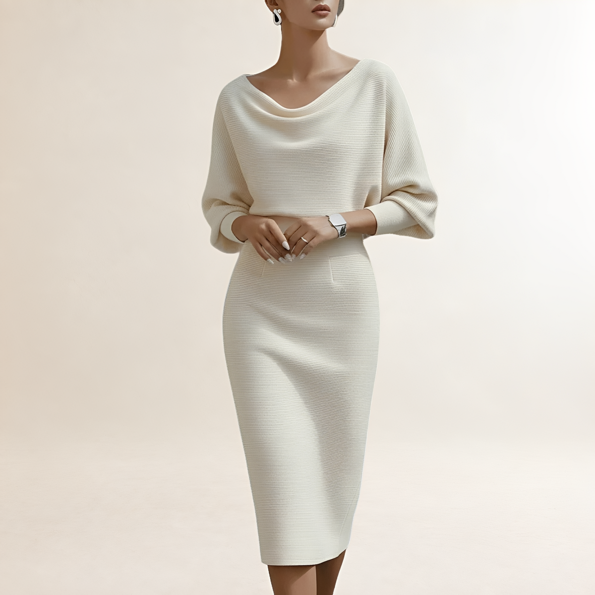 Damen Kleid Langarm Midi mit Drapiertem Cowl-Hals und Batwing-Ärmeln - Enger Schnitt