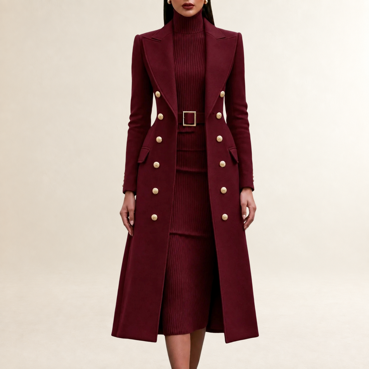 Damen Kleid-Set Maxikleid mit Stehkragen und Taillengürtel, Doppelreihiger Mantel mit Schulterpasse