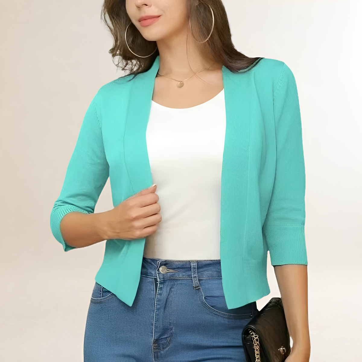 Damen Kleidung Blazer kurz open-front ohne Kragen 3/4-Ärmel