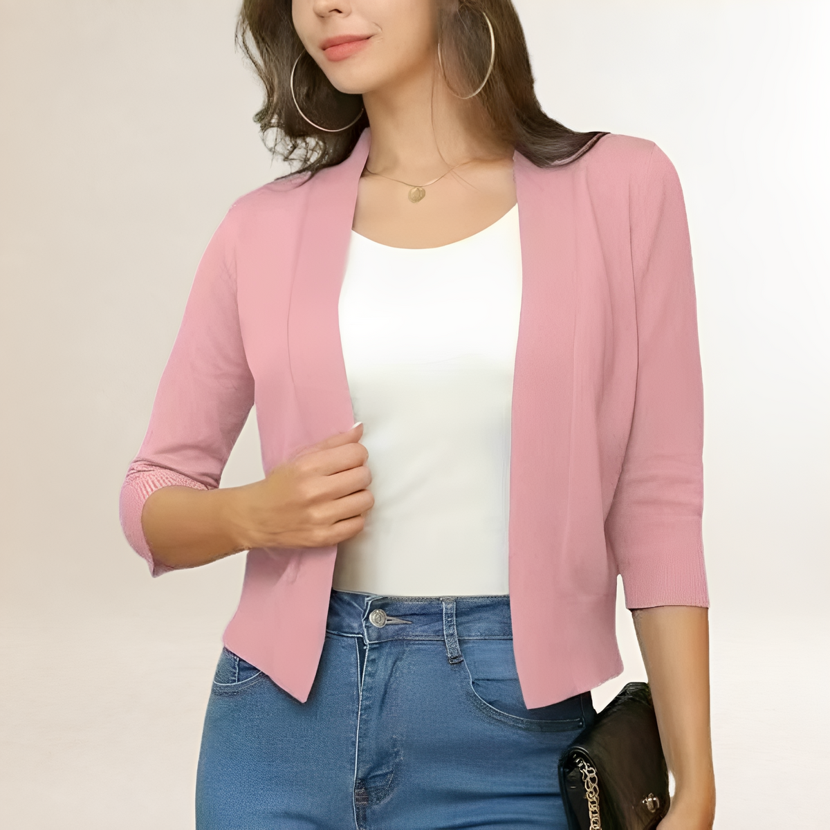 Damen Kleidung Blazer kurz open-front ohne Kragen 3/4-Ärmel