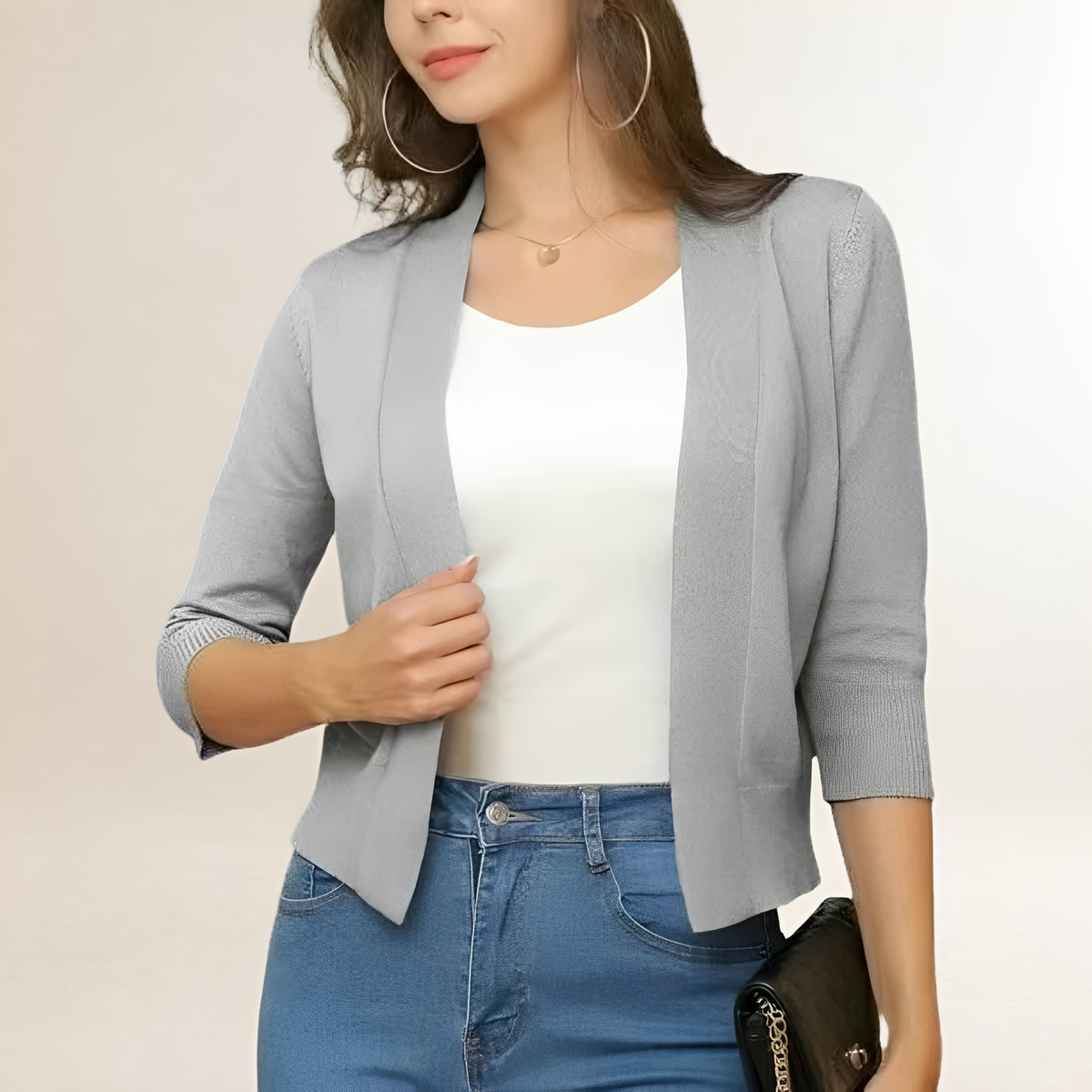 Damen Kleidung Blazer kurz open-front ohne Kragen 3/4-Ärmel