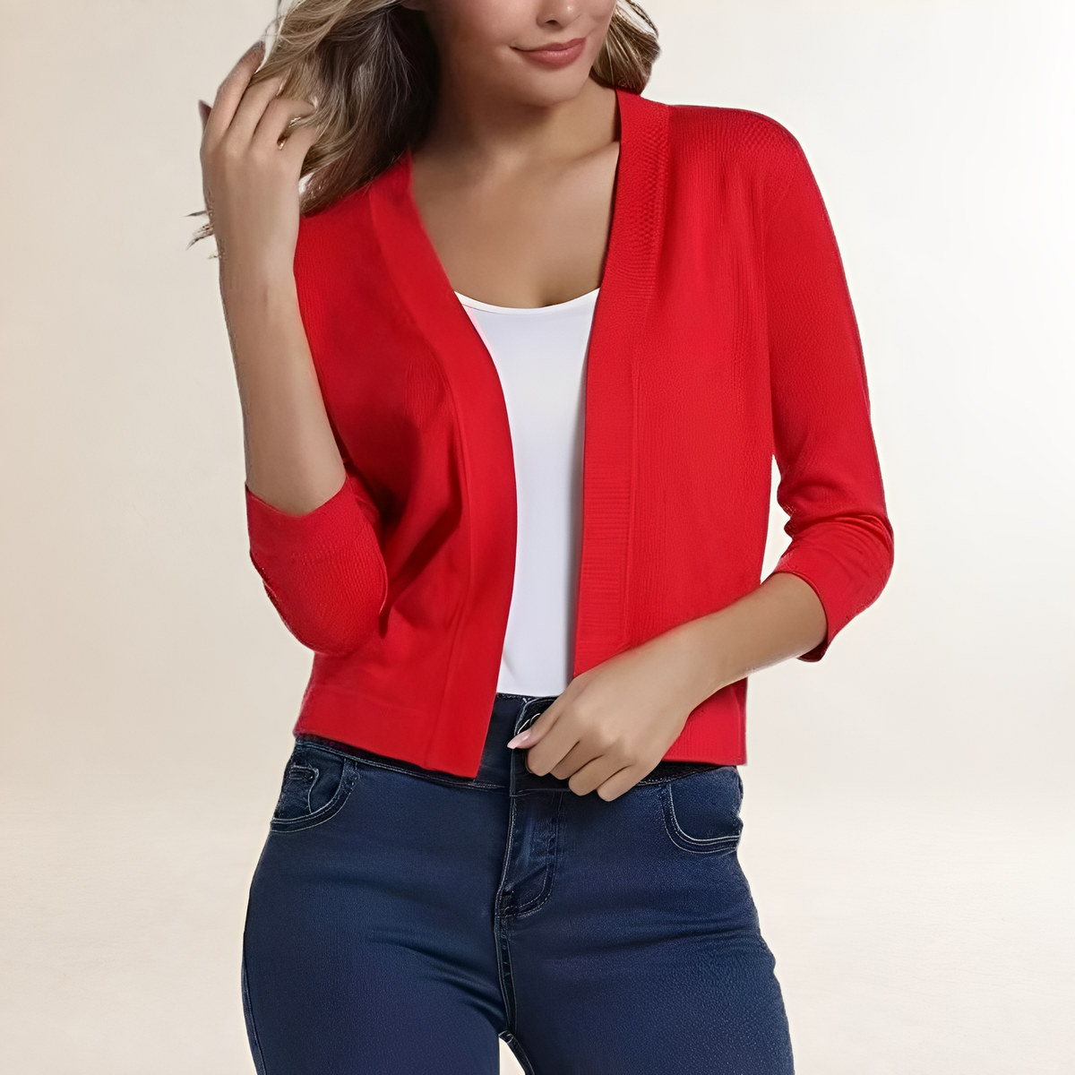 Damen Kleidung Blazer kurz open-front ohne Kragen 3/4-Ärmel