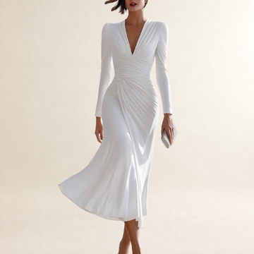 Damen Langarm Midi Kleid mit Ruché V-Ausschnitt und ausgestelltem Saum