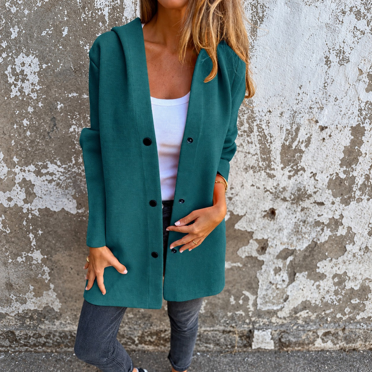 Damen lange Kapuzenjacke - Knopfverschluss, Relaxter Schnitt, Vielseitiges Design