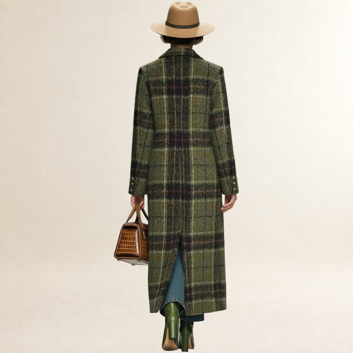 Damen Mantel Lang mit Karo-Muster und Revers - Lockere Passform