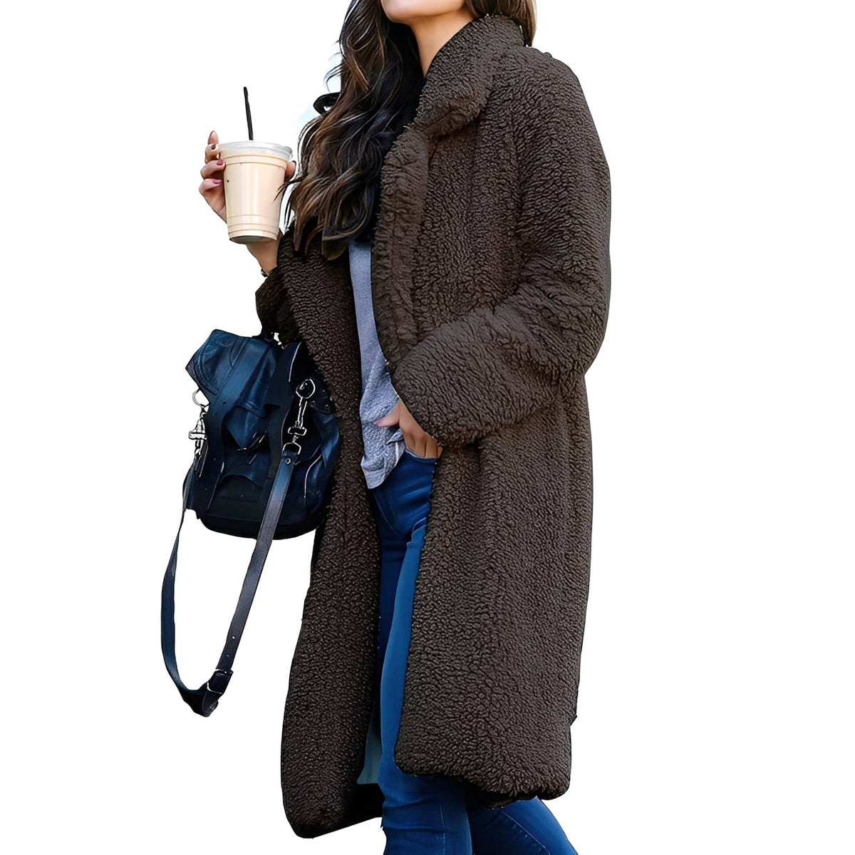 Damen Mantel oversized Plüsch mit Reverskragen - Relaxed Fit