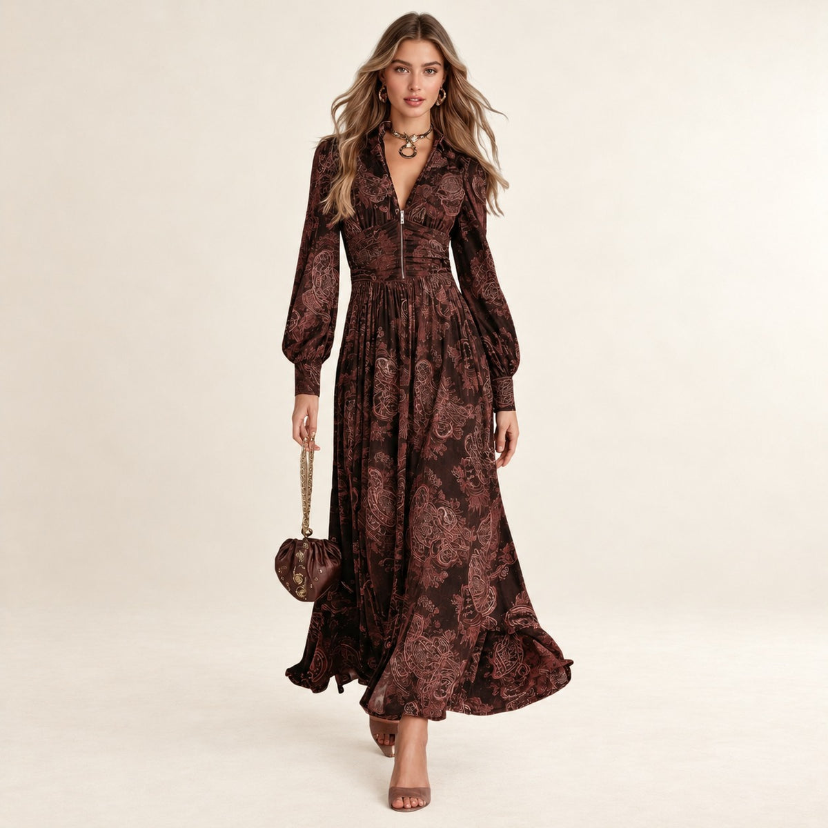 Damen Maxi Kleid mit V-Ausschnitt, Reißverschluss vorne, 2-in-1 geraffter Taillenbereich, Paisley-Muster