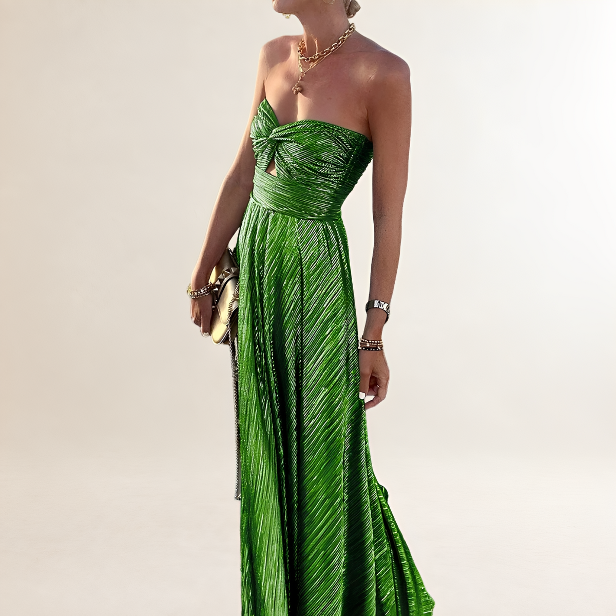 Damen Maxi-Kleid strapless mit Twist-Front Herz-Ausschnitt und Schlüsselloch-Ausschnitt, plissierter A-Linien-Rock