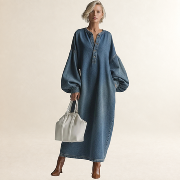 Damen Maxikleid Knopfleiste Ballonärmel Lockerer Schnitt Bodenlang