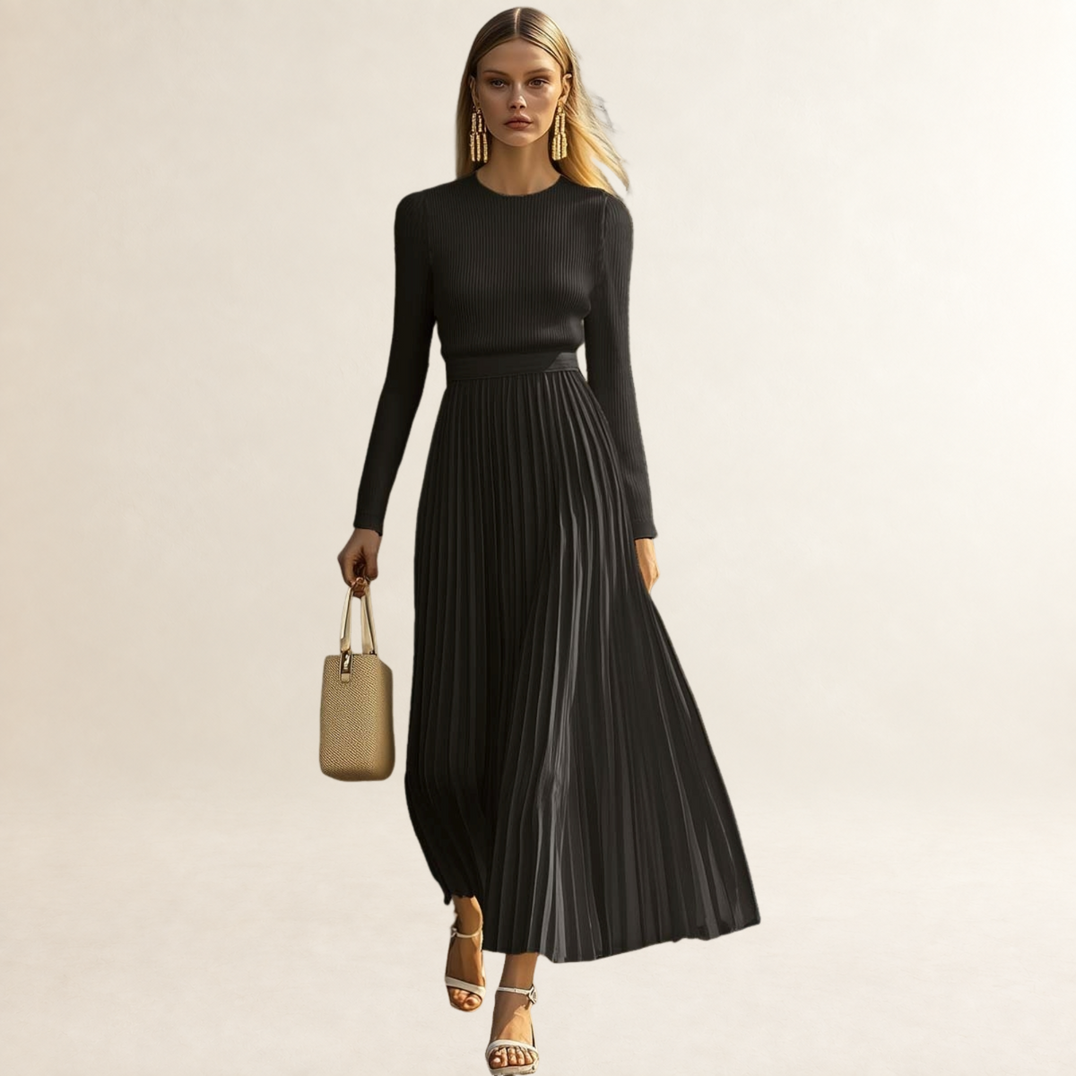 Damen Maxikleid langarm Faltenrock eng anliegend