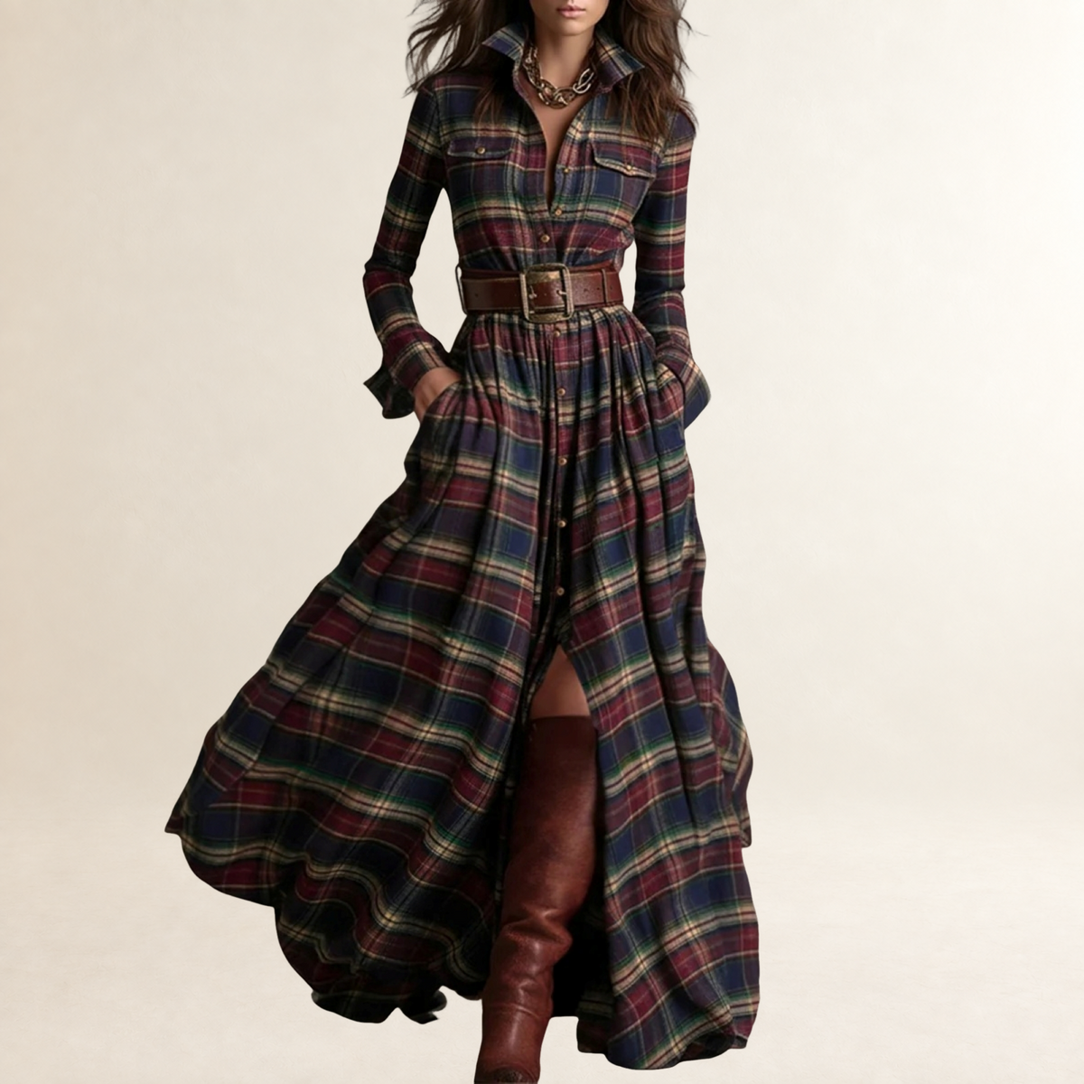 Damen Maxikleid mit Reverskragen und Taillengürtel - lockere Passform, Knopfleiste, lange Ärmel, Karomuster