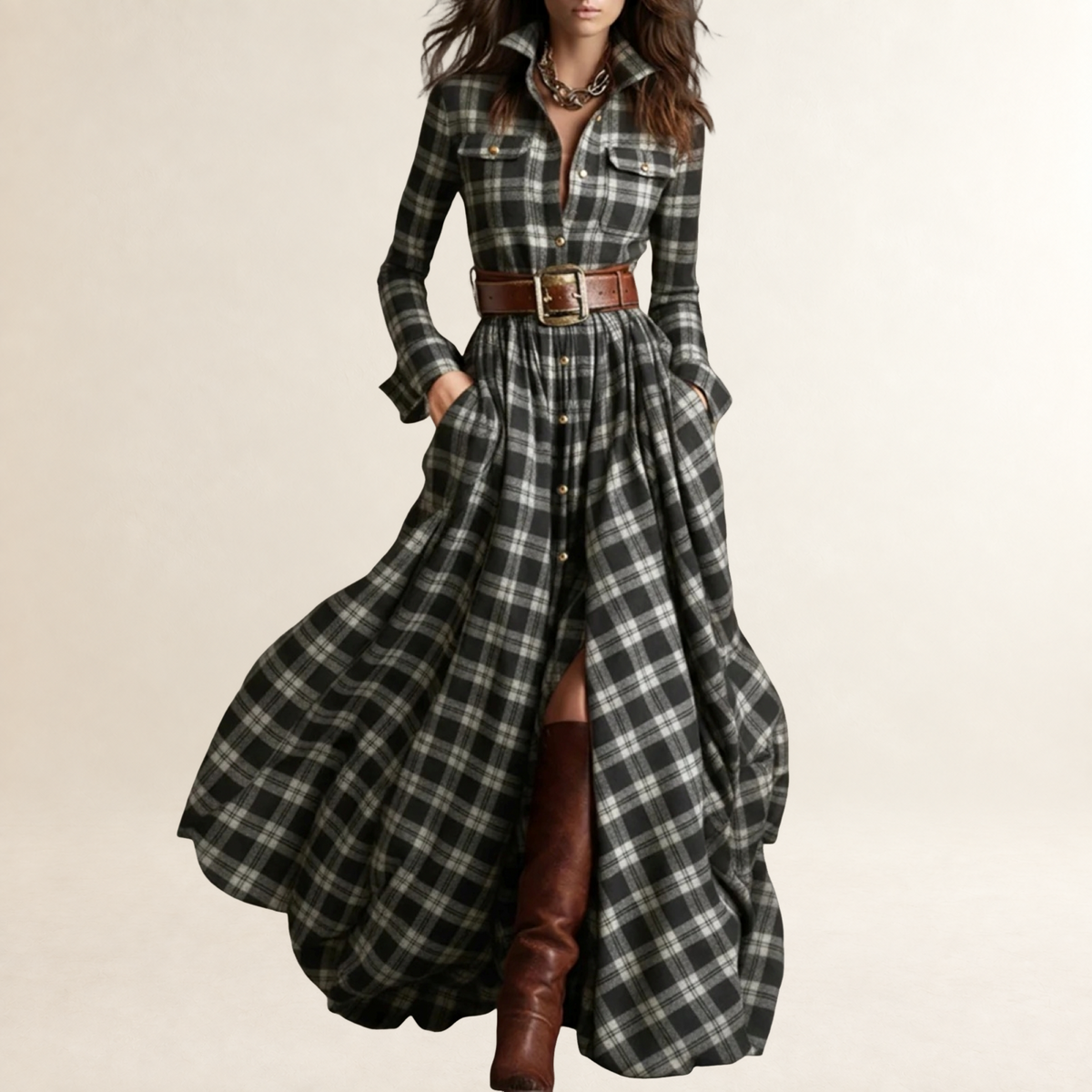 Damen Maxikleid mit Reverskragen und Taillengürtel - lockere Passform, Knopfleiste, lange Ärmel, Karomuster