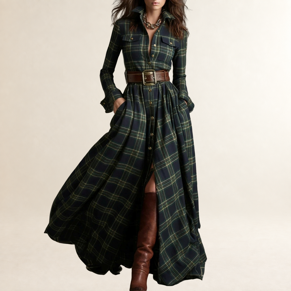 Damen Maxikleid mit Reverskragen und Taillengürtel - lockere Passform, Knopfleiste, lange Ärmel, Karomuster