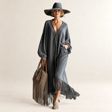 Damen Maxikleid V-Ausschnitt Langarm Freizeitkleid mit Fransen