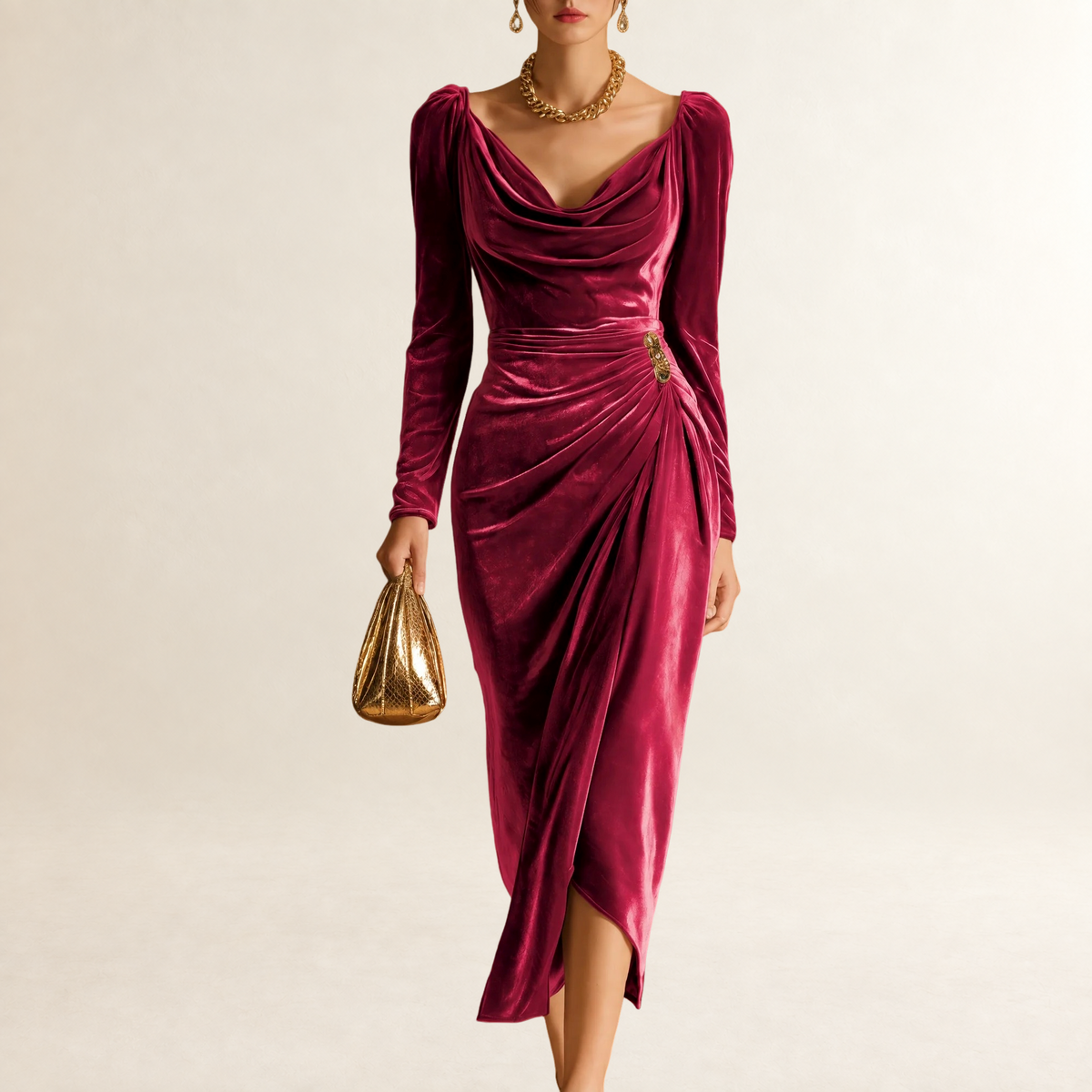 Damen Midikleid mit Cowl-Hals, langen Ärmeln und Raffung an der Taille