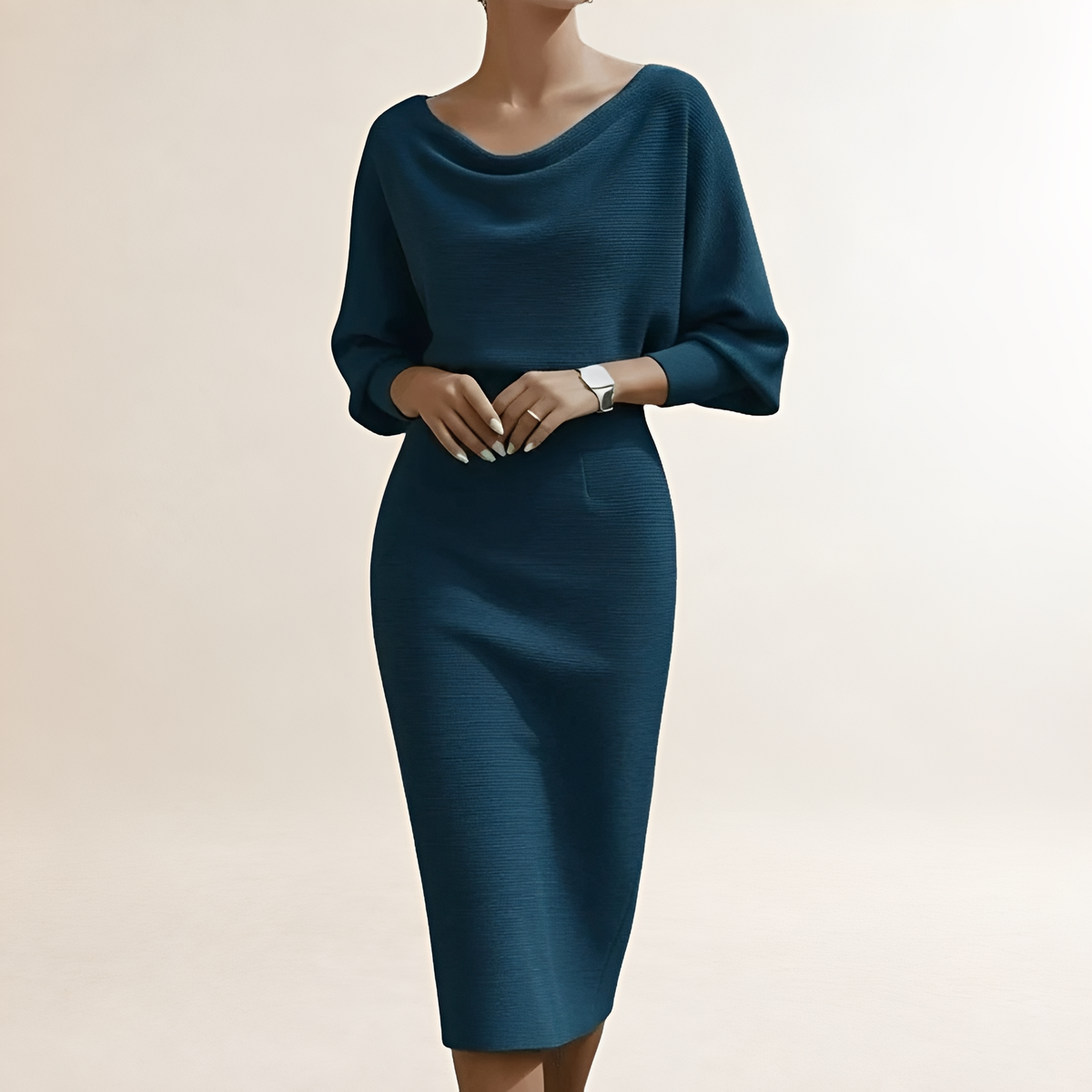 Damen Midikleid mit Draperung und Cowl-Ausschnitt, Batwing-Ärmel, enger Schnitt