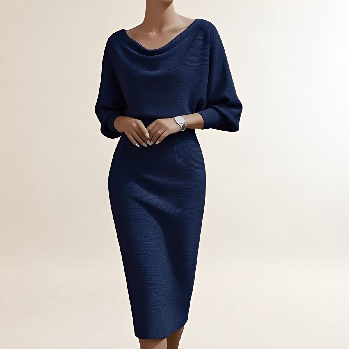 Damen Midikleid mit Draperung und Cowl-Ausschnitt, Batwing-Ärmel, enger Schnitt