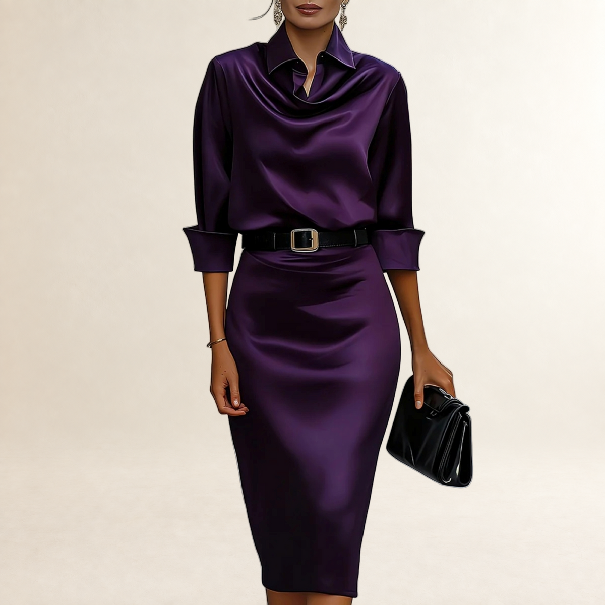 Damen Midikleid mit Drapierung am Kragen, Gürtel und tailliertem Schnitt