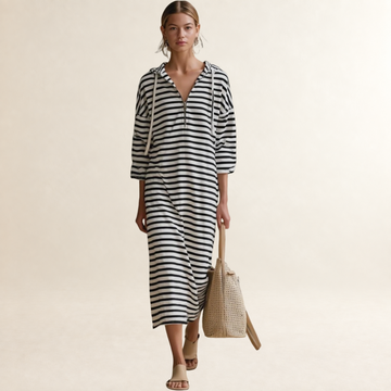 Damen-Midikleid mit Kapuze - Streifendesign und halbem Reißverschluss in regulärer Passform