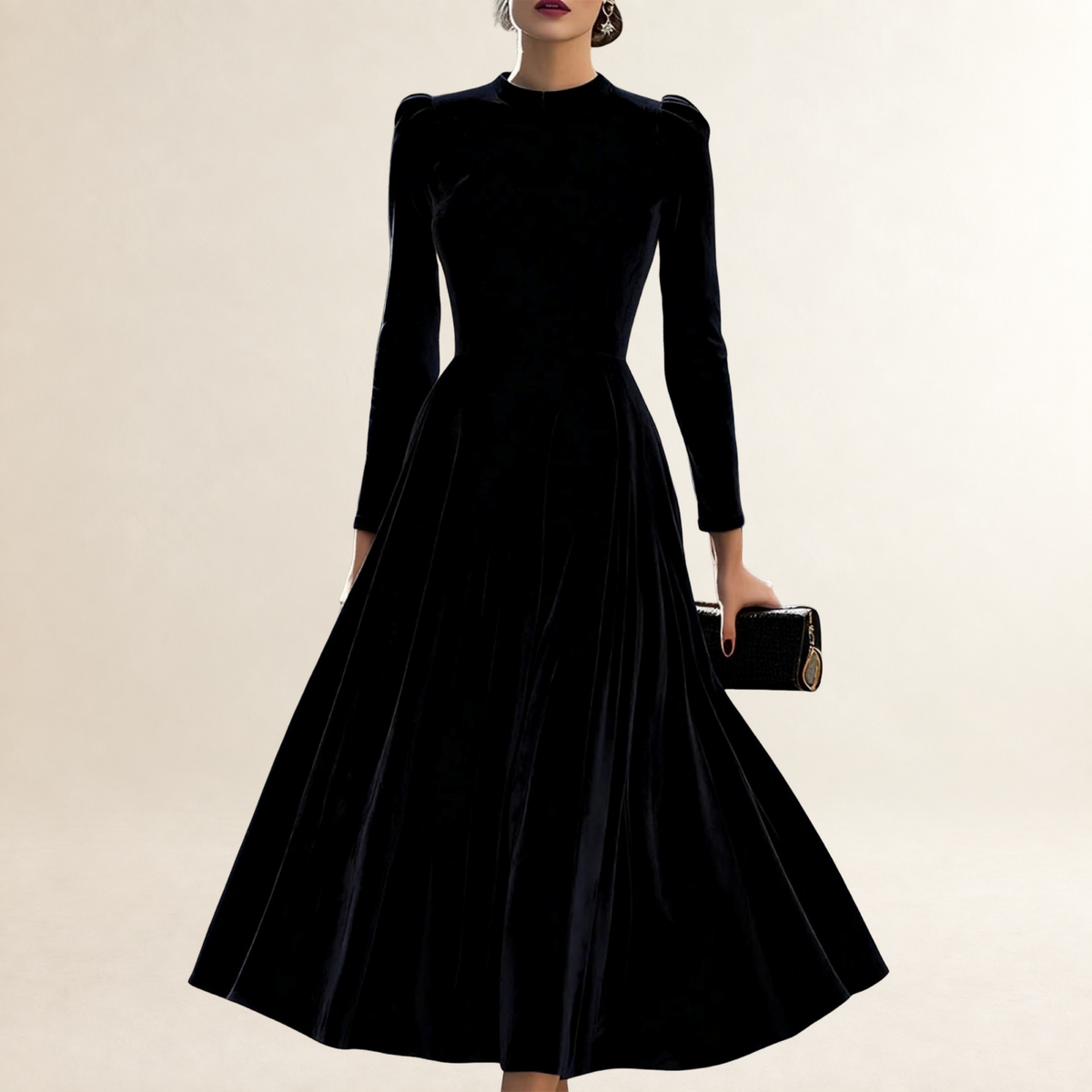 Damen-Midikleid mit langen Ärmeln, figurbetontem Oberteil und ausgestelltem Rock