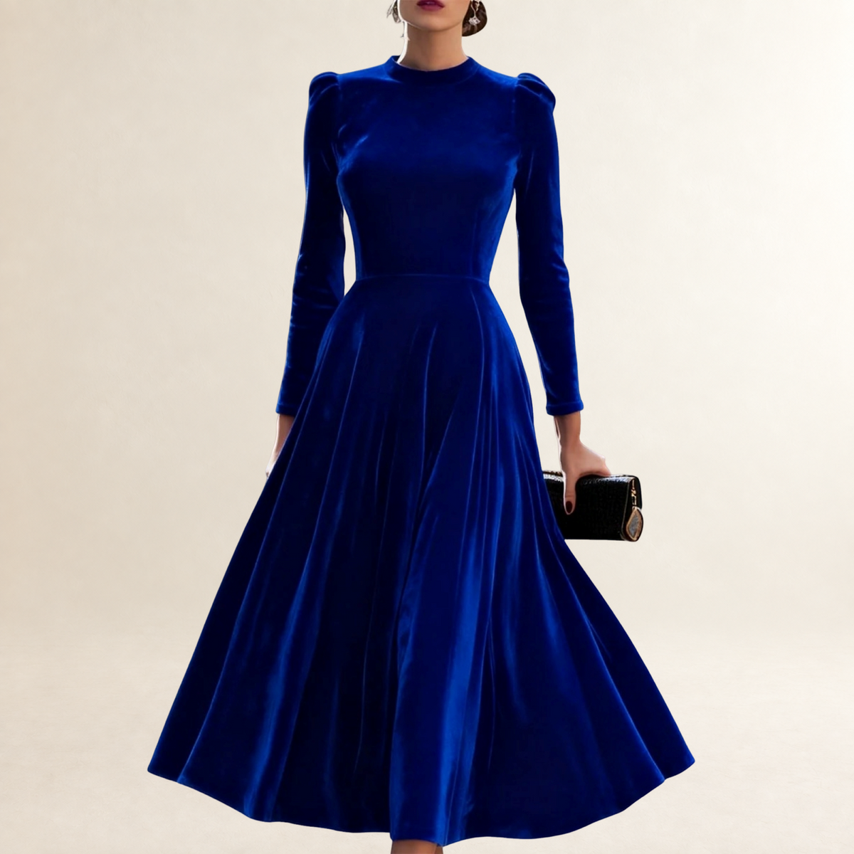 Damen-Midikleid mit langen Ärmeln, figurbetontem Oberteil und ausgestelltem Rock