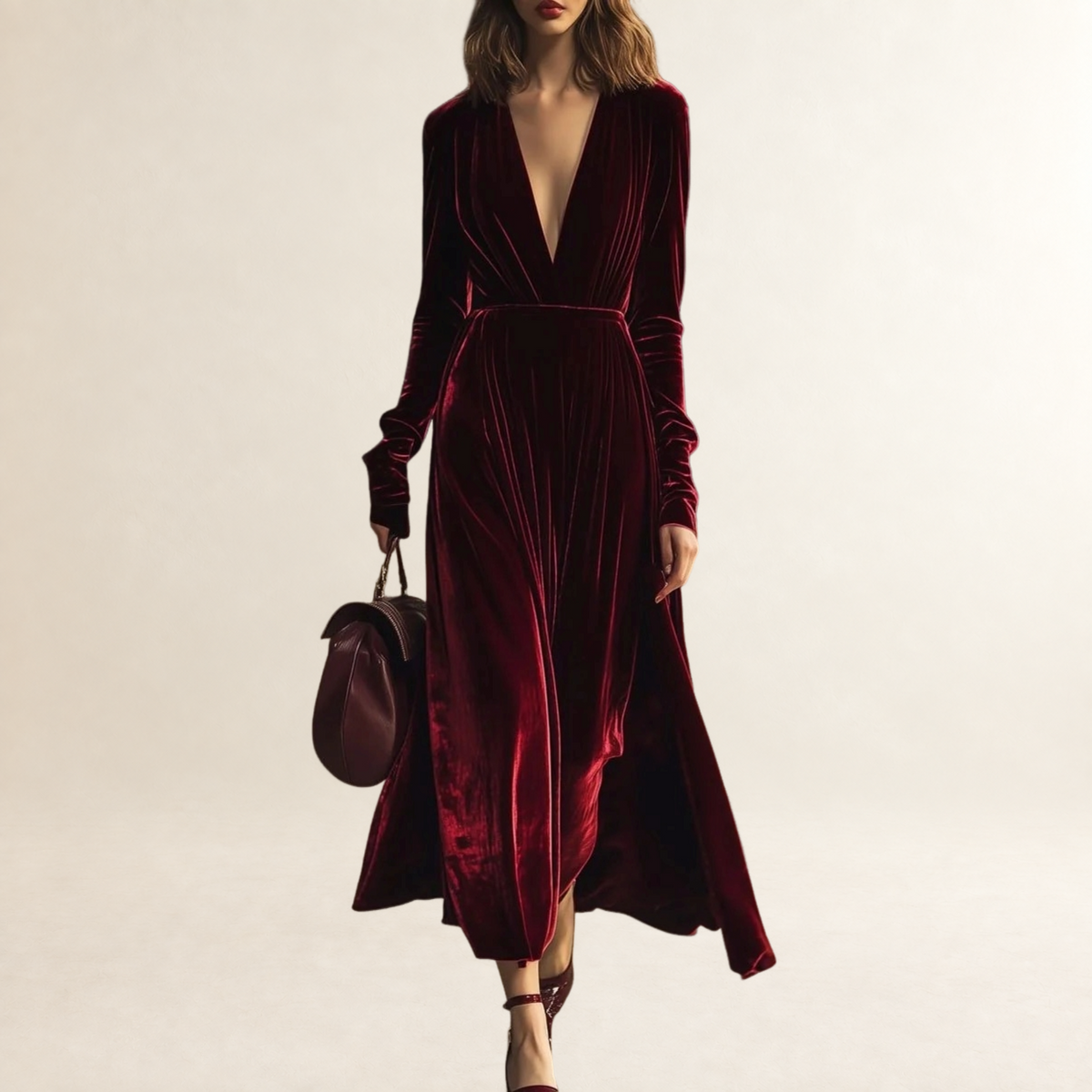 Damen Midikleid V-Ausschnitt Langarm Faltenrock - Eleganter Schnitt