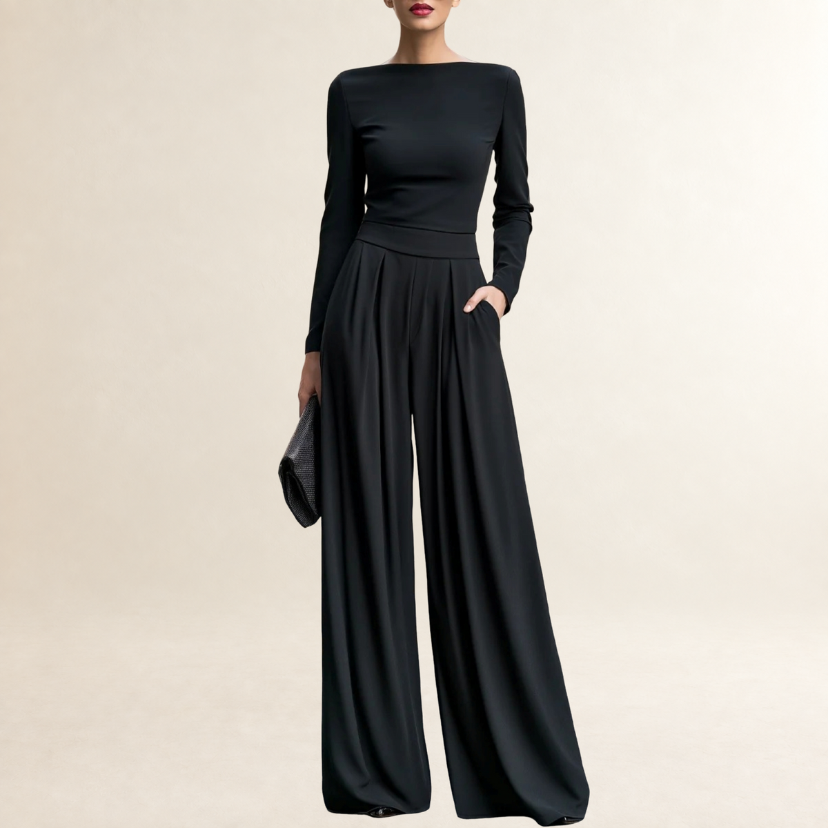 Damen Overall mit Boat-Ausschnitt und weiten Beinen - taillierter Schnitt