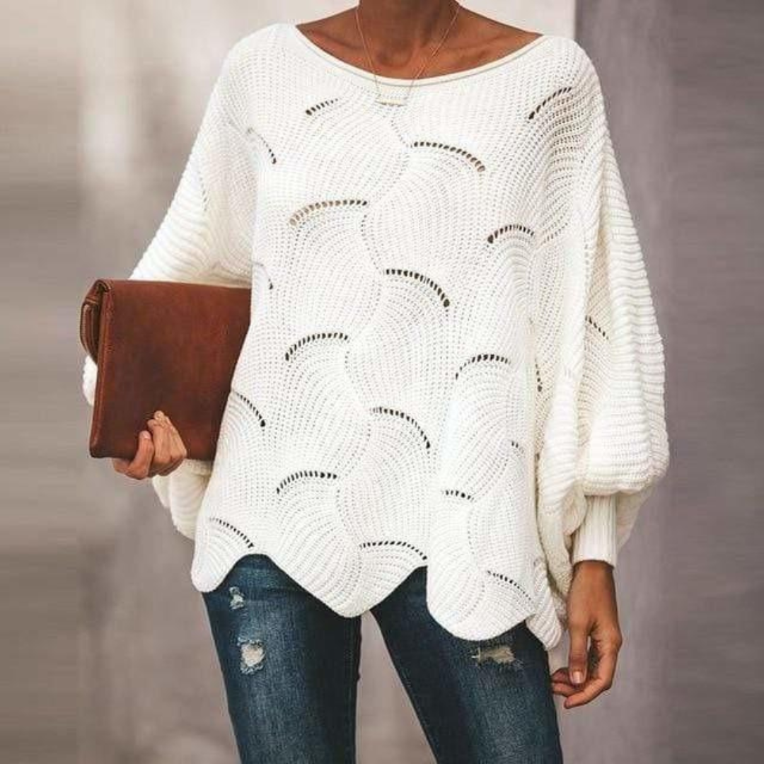 Damen Oversize-Pullover mit weitem Boot-Ausschnitt, Ballonärmel, Lochmuster und Ziersaum