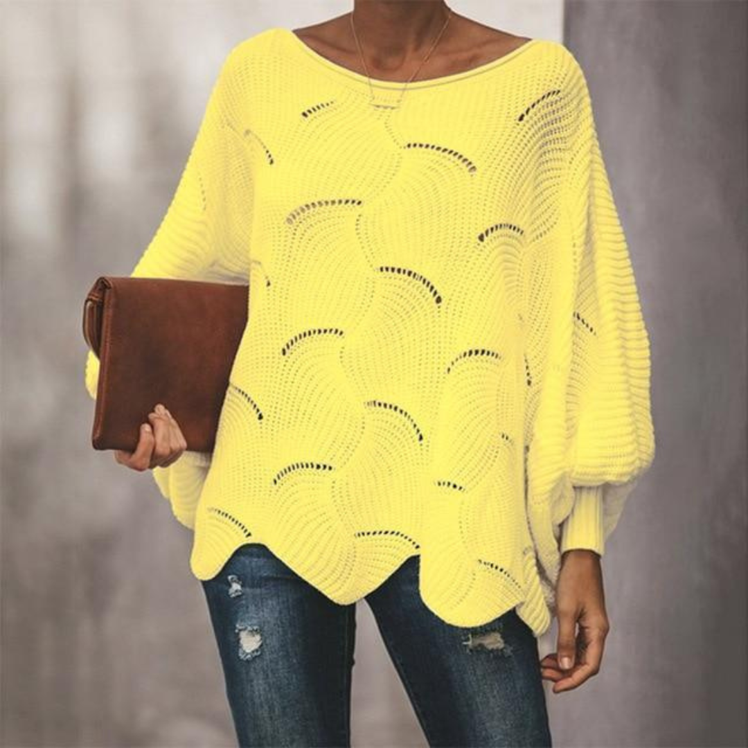 Damen Oversize-Pullover mit weitem Boot-Ausschnitt, Ballonärmel, Lochmuster und Ziersaum