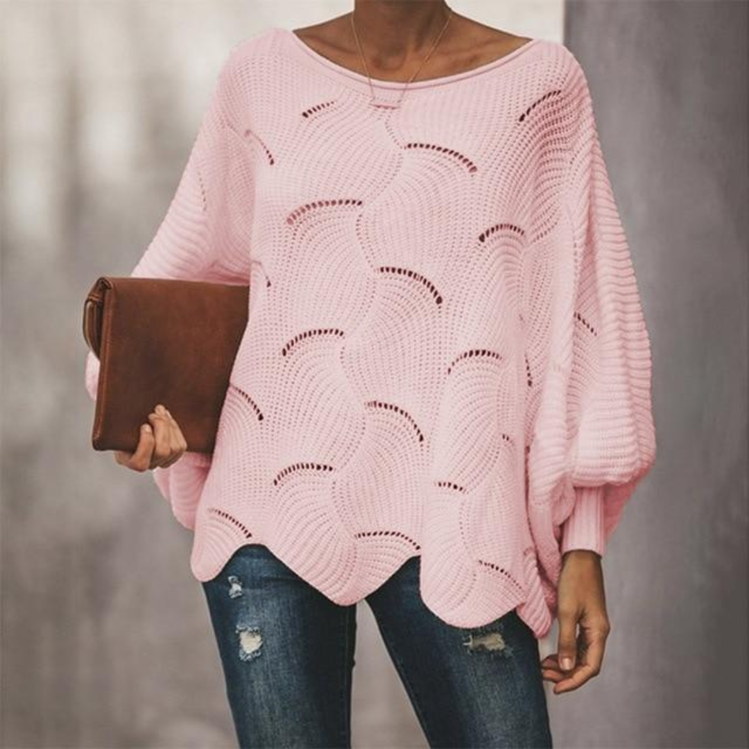 Damen Oversize-Pullover mit weitem Boot-Ausschnitt, Ballonärmel, Lochmuster und Ziersaum