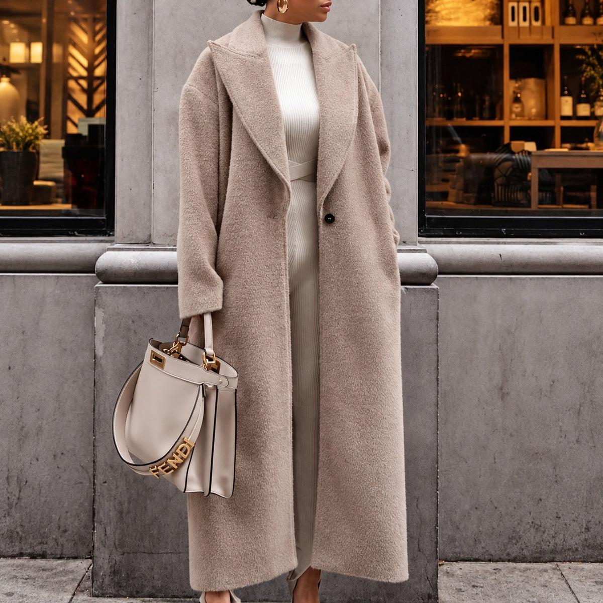 Damen Oversized Mantel - Lang, Reverskragen, Ein-Knopf-Verschluss