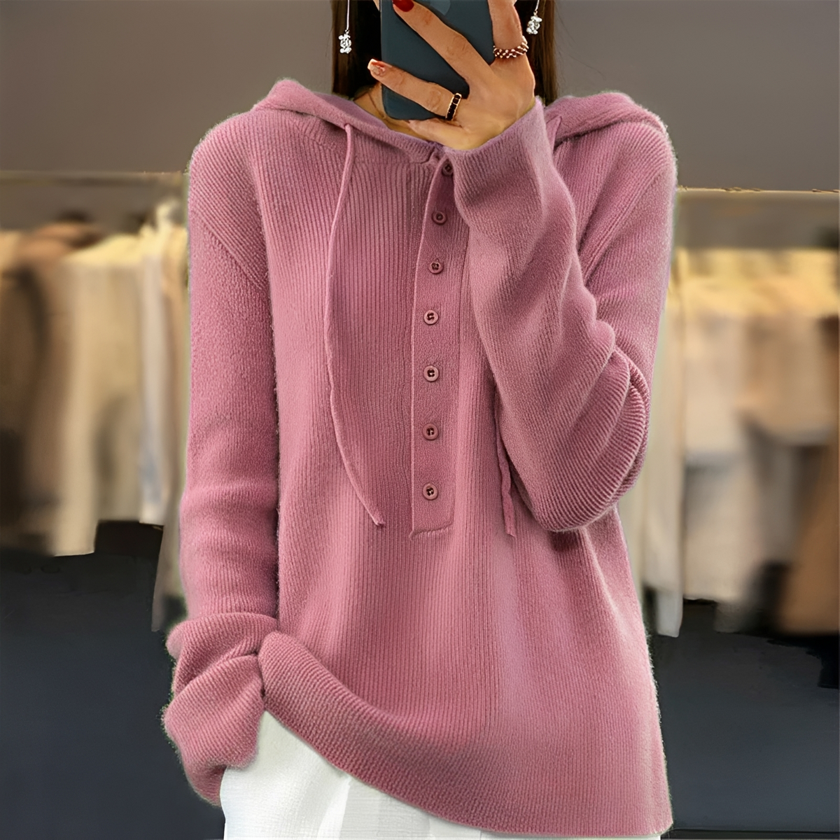 Damen Pullover mit Kapuze, Knopfleiste und Kordelzug, lange Ärmel – lockere Passform