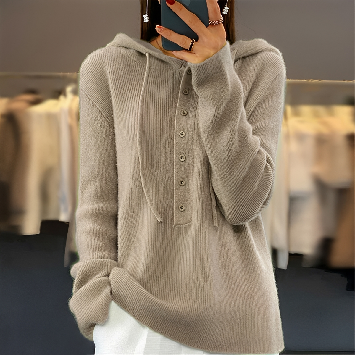 Damen Pullover mit Kapuze, Knopfleiste und Kordelzug, lange Ärmel – lockere Passform