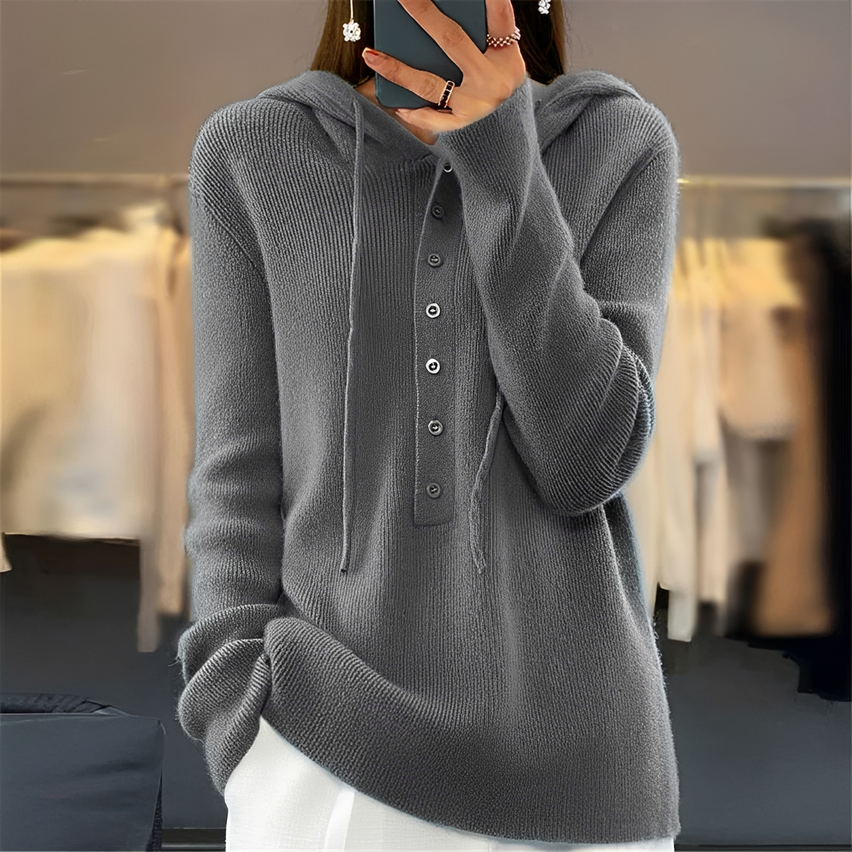 Damen Pullover mit Kapuze, Knopfleiste und Kordelzug, lange Ärmel – lockere Passform