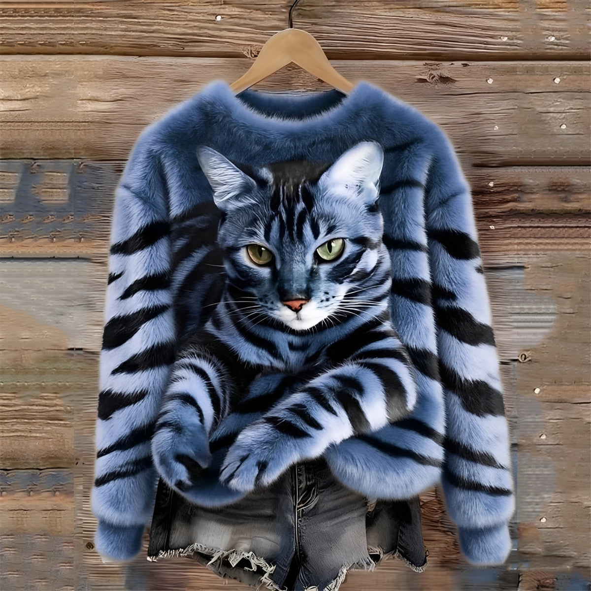 Damen Pullover mit Katzenmotiv und Relaxpassform - Rundhalsausschnitt