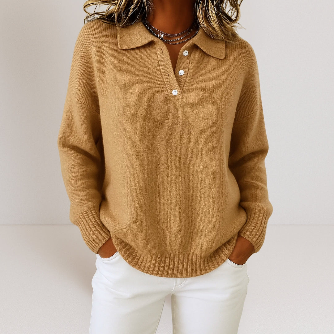 Damen Pullover mit Polokragen und Knopfverschluss - Relaxed Fit