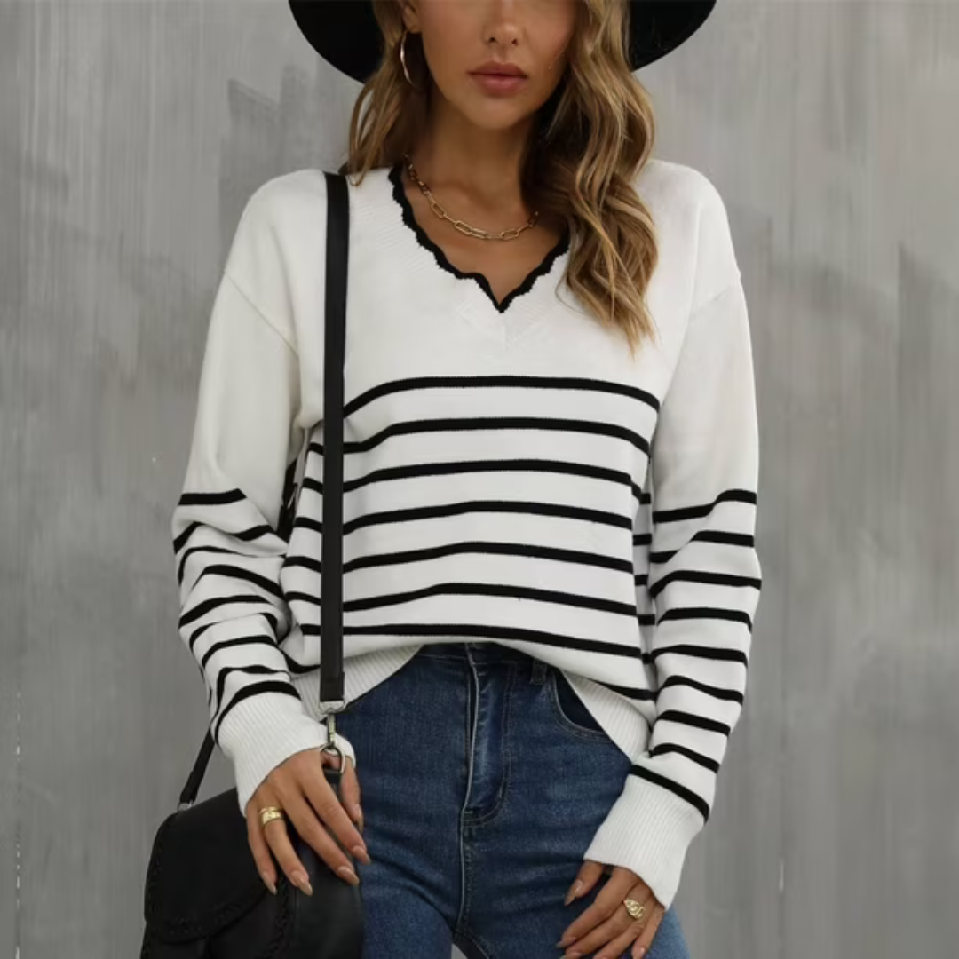 Damen Pullover mit V-Ausschnitt, Muschelkante, Streifen, lange Ärmel – lockere Passform