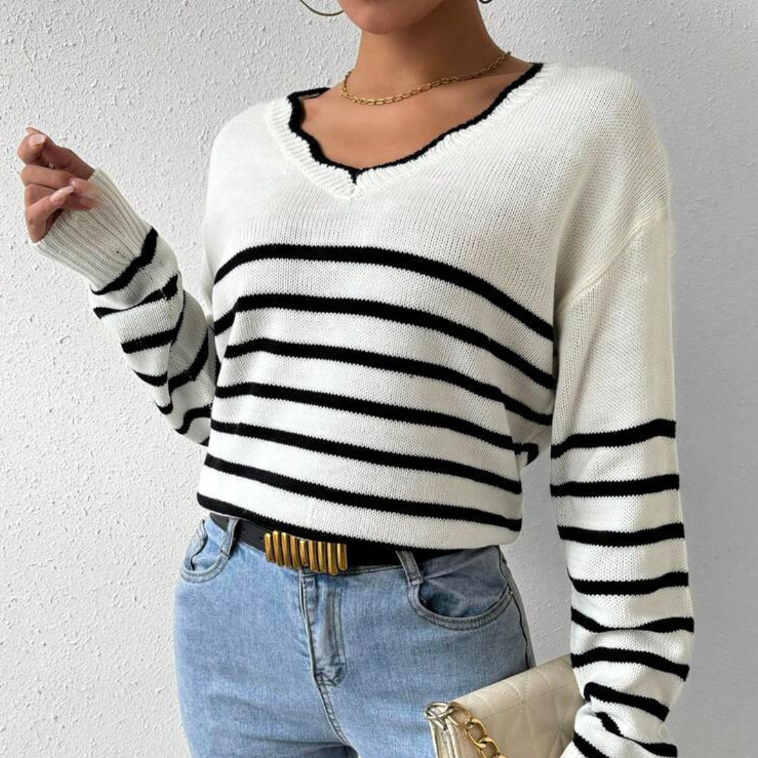 Damen Pullover mit V-Ausschnitt, Muschelkante, Streifen, lange Ärmel – lockere Passform