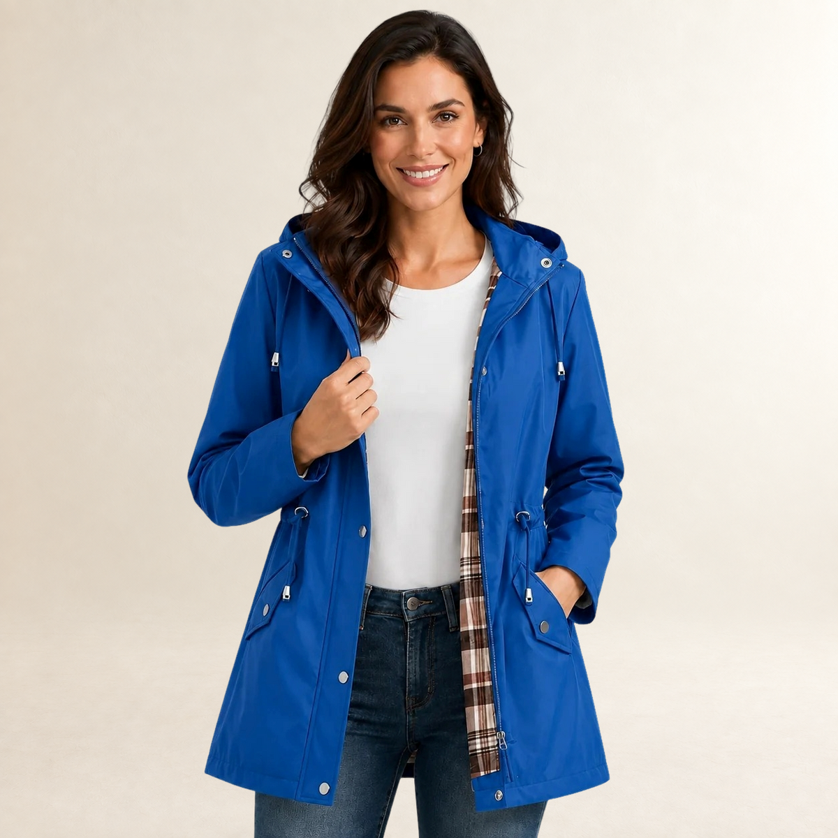 Damen Regenjacke mit Kapuze leichte Passform Reißverschluss mit Knopfleiste und Taillenzug