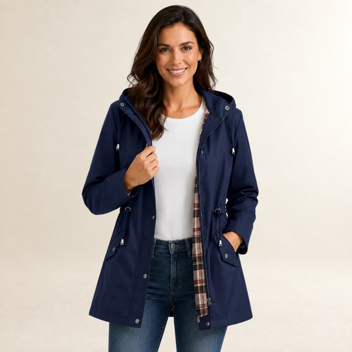 Damen Regenjacke mit Kapuze leichte Passform Reißverschluss mit Knopfleiste und Taillenzug